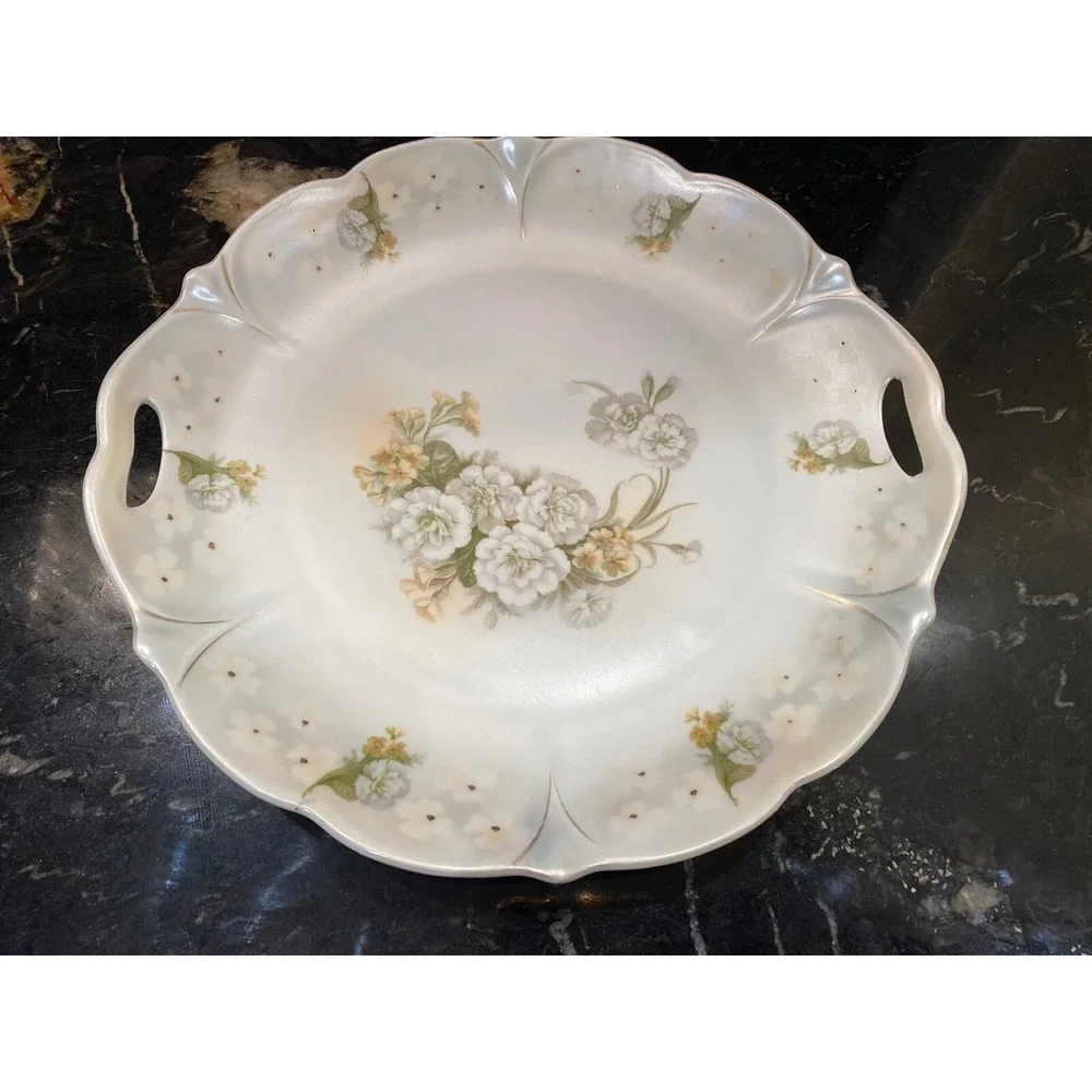 Antique Hand Painted Bavarian Plate w Handles Pearl White Lustrous 11